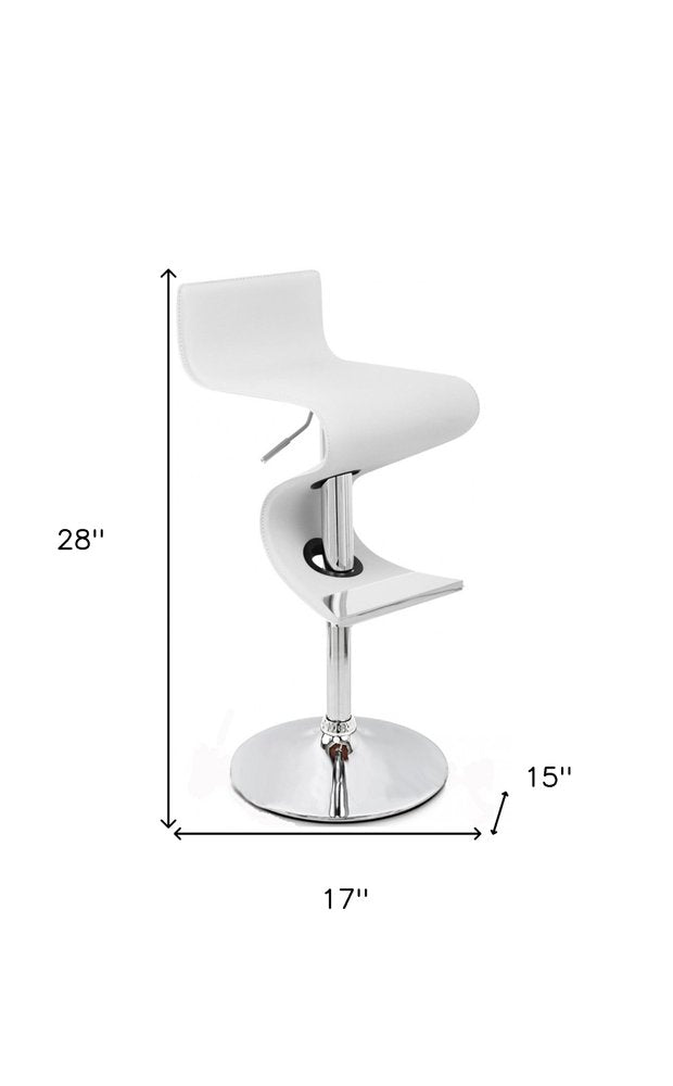White and Silver Faux Leather and Metal Low Back Adjustable Height Bar Chair