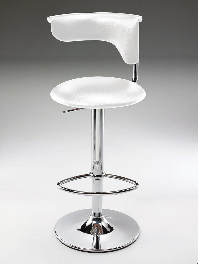 White and Silver Faux Leather and Metal Low Back Adjustable Height Bar Chair