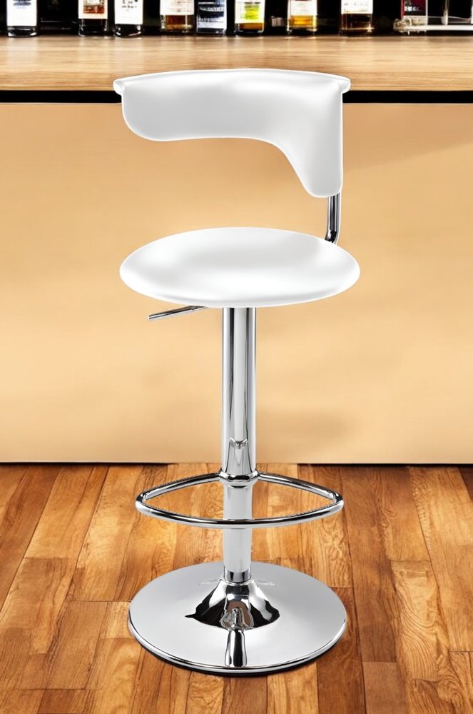 White and Silver Faux Leather and Metal Low Back Adjustable Height Bar Chair