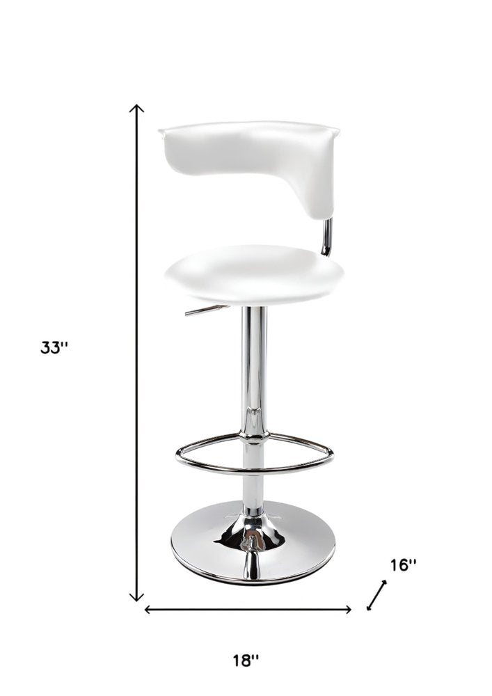 White and Silver Faux Leather and Metal Low Back Adjustable Height Bar Chair